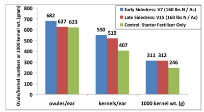 Figure 1. Influence of timing and rate of N fertilizer on yield component of corn. Starter-only treatments consisted of 24 lbs N/ac. Sidedress rates were in addition to 24 lbs N/ac applied as started at planting. Pinney-Purdue Ag Cemter, 2011.