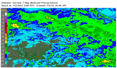Figure 1. Seven-day cumulative rainfall throughout Indiana; as of 7 AM on 2 July 2012. Source of rainfall estimates: http://water.weather.gov/precip