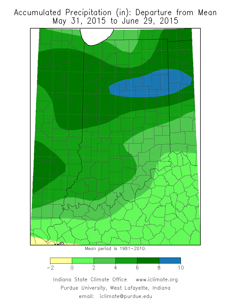 Figure 1. Rainfall deviation (inches) from the average for June (May 31 to June 29, 2015). (Indiana State Climate Office, <a href=