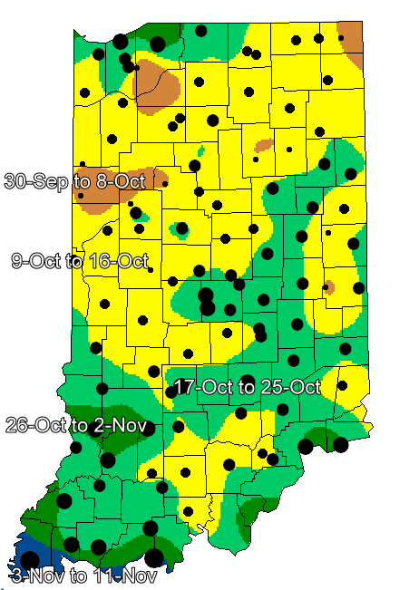 Figure 2. Average first fall dates of 32<sup>o</sup>F temperatures throughout Indiana.