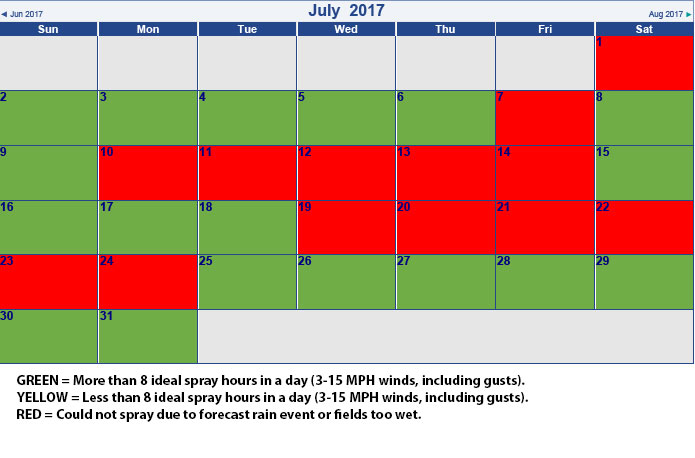 Figure 2. Spray days in July 2017 at the Agronomy Center for Research and Education (ACRE) near West Lafayette, IN. If a box is red, there were no spray hours that day due to field conditions or forecast rainfall. If a box is green, there were more than 8 hours in a day where winds were between 3 and 15 MPH (including gusts). If a box is yellow, there were less than 8 hours in a day where winds were between 3 and 15 MPH (including gusts).
     