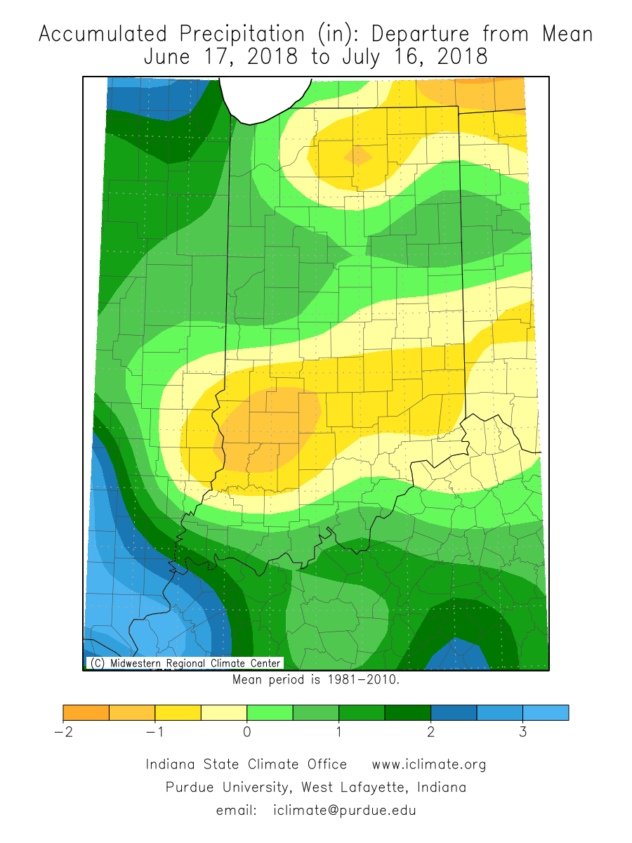 30-day rainfall map showing the driest areas of Indiana.