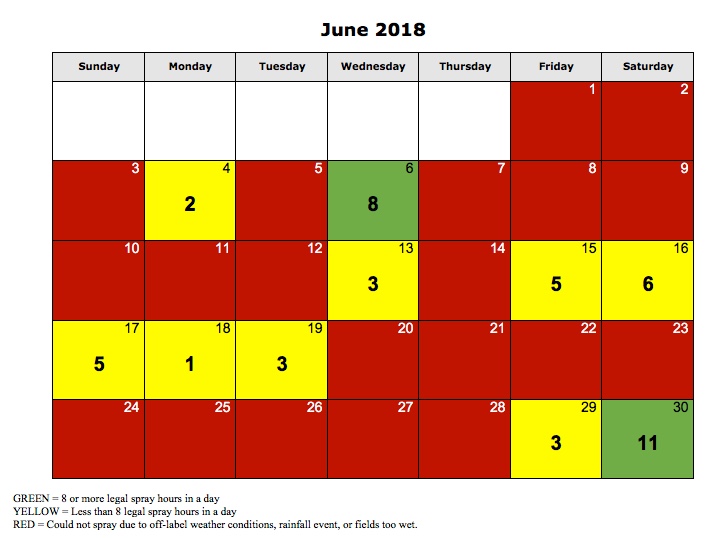 Figure 1. Spray days in June 2018 at the Throckmorton Purdue Agricultural Center (TPAC) near Lafayette, IN. If a box is red, there were no spray hours that day due to field conditions. If a box is green, there were 8 or more hours in a day where winds were between 3 and 10 MPH (including gusts) and no temperature inversion present. If a box is yellow, there were less than 8 hours in a day where winds were between 3 and 10 MPH (including gusts) and no temperature inversion present.