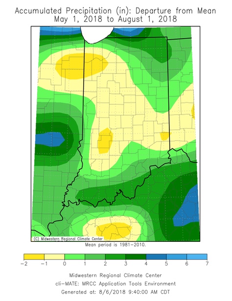 Figure 1. Rainfall across Indiana from May 1 until August 1 2018. In general, the yellow areas have received less precipitation than normal, while the green areas have received more precipitation than normal. 