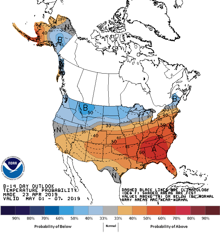 8-14 Day Outlook Temperature Probability Made 23 Apr 2019 Valid May 01-07, 2019.