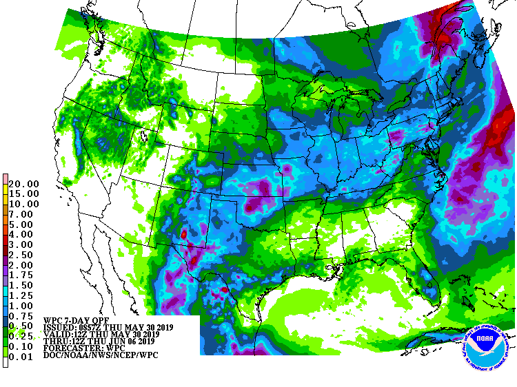Fig. 1. 7-day precipitation forecast representing May 30 – June 6, 2019. Source: NOAA Weather Prediction Center
