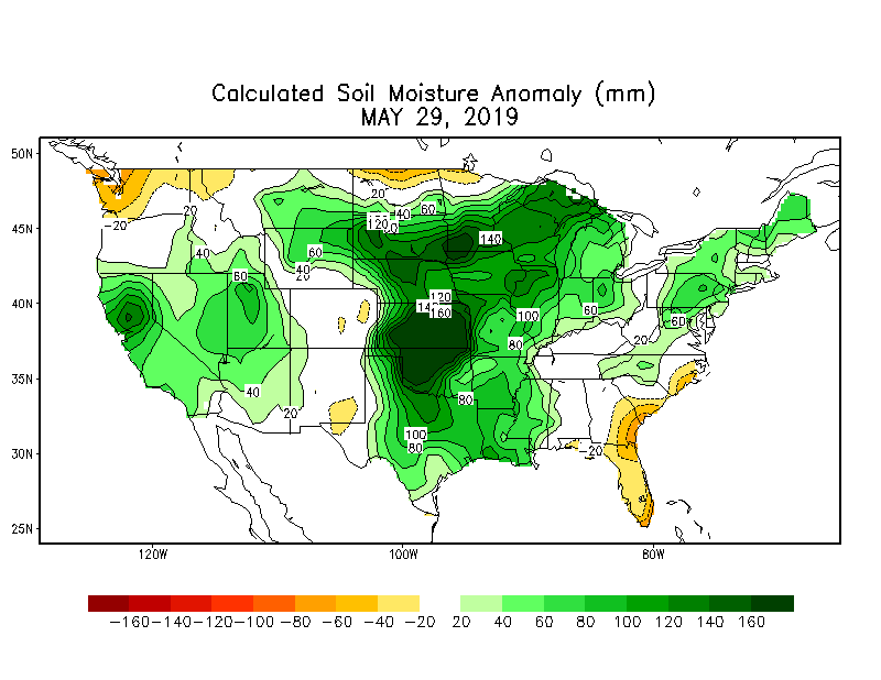 Fig. 3. Soil moisture anomaly (in millimeters) for 28 May 2019. Source: NOAA Climate Prediction Center.