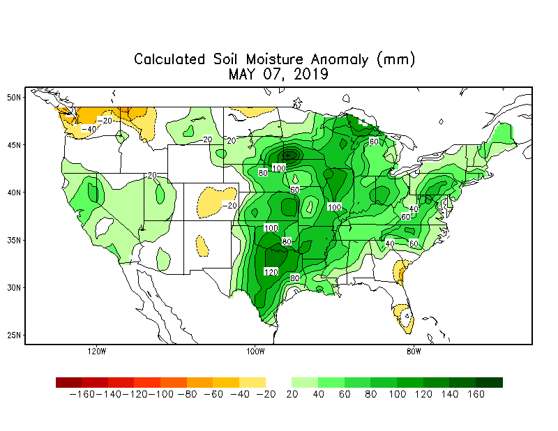 Figure 2. Soil moisture anomaly (in millimeters) for 7 May 2019. Source: NOAA Climate Prediction Center.