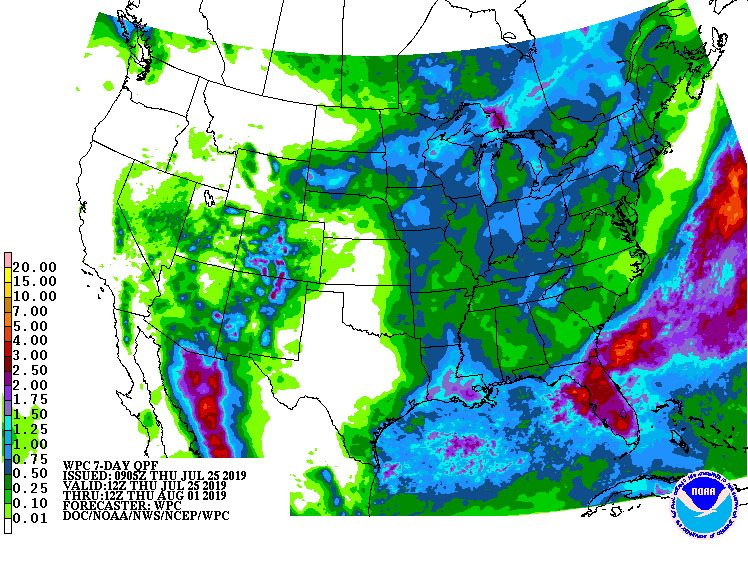 Figure 1. Quantitative Forecasted Precipitation (QPF) map showing estimated amount or precipitation for July 25 – Aug 1, 2019.