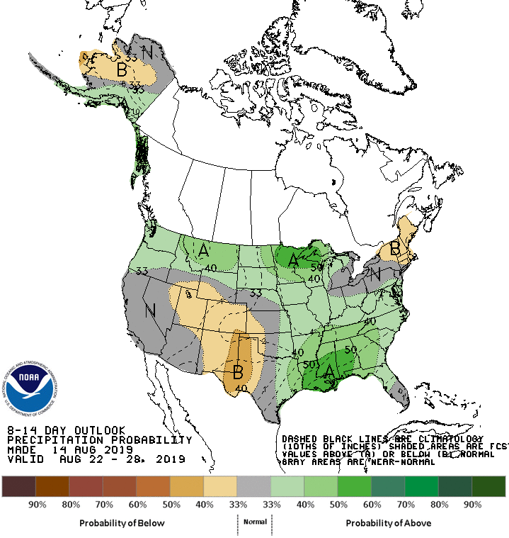Figure 1. Climate outlook for August 22-28, 2019 that indicates the probability for either above- or below-normal temperature (left) and precipitation (right).