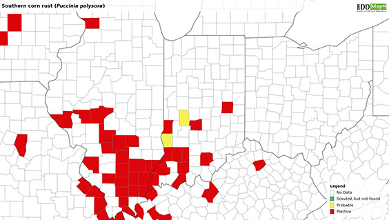 Figure 1. Map of counties confirmed for southern corn rust as of August 15, 2019. 