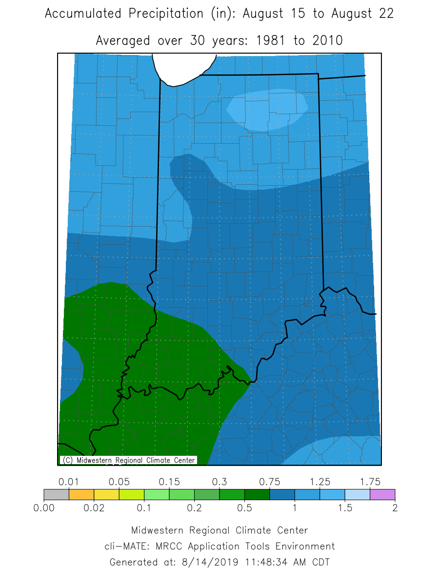Figure 2. Quantitative precipitation forecast for August 15-22, 2019 (left) compared to the 30-year average of precipitation for Indiana during the same time period (right).