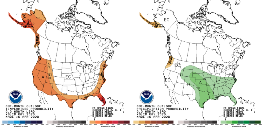Figure 1. Climate outlook for May. Temperature (left); Precipitation (right). Shading indicates the probabilistic confidence for above- or below-normal conditions.