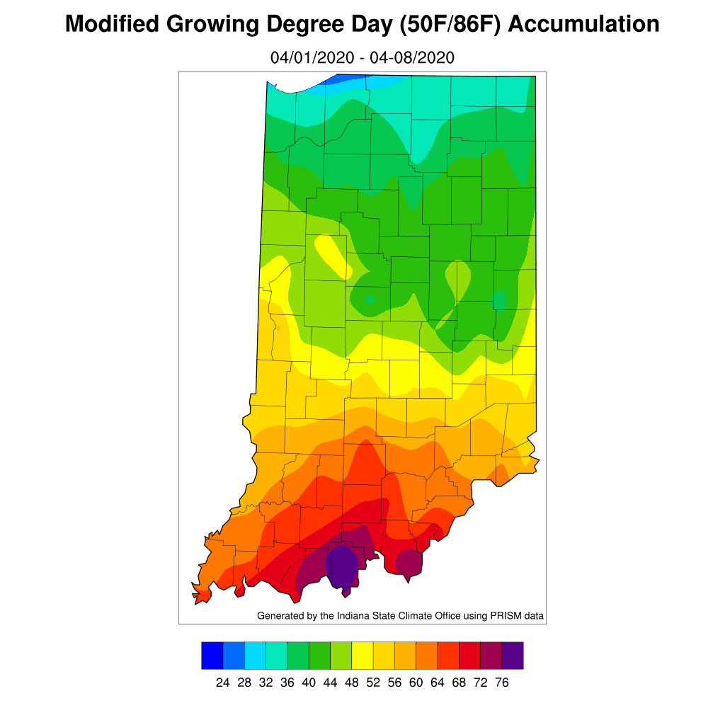 Figure 1.  Accumulated modified growing degree days since April 1 through April 8 using minimum temperature threshold of 50°F and a maximum threshold of 86°F.