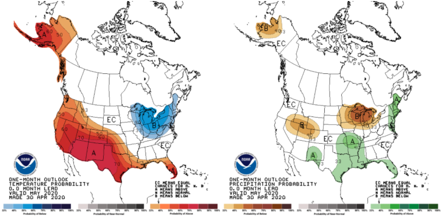 Figure 1. Climate outlooks of temperature (left) and precipitation (right) for May in the probabilistic confidence of having above- or below-normal conditions over the month.