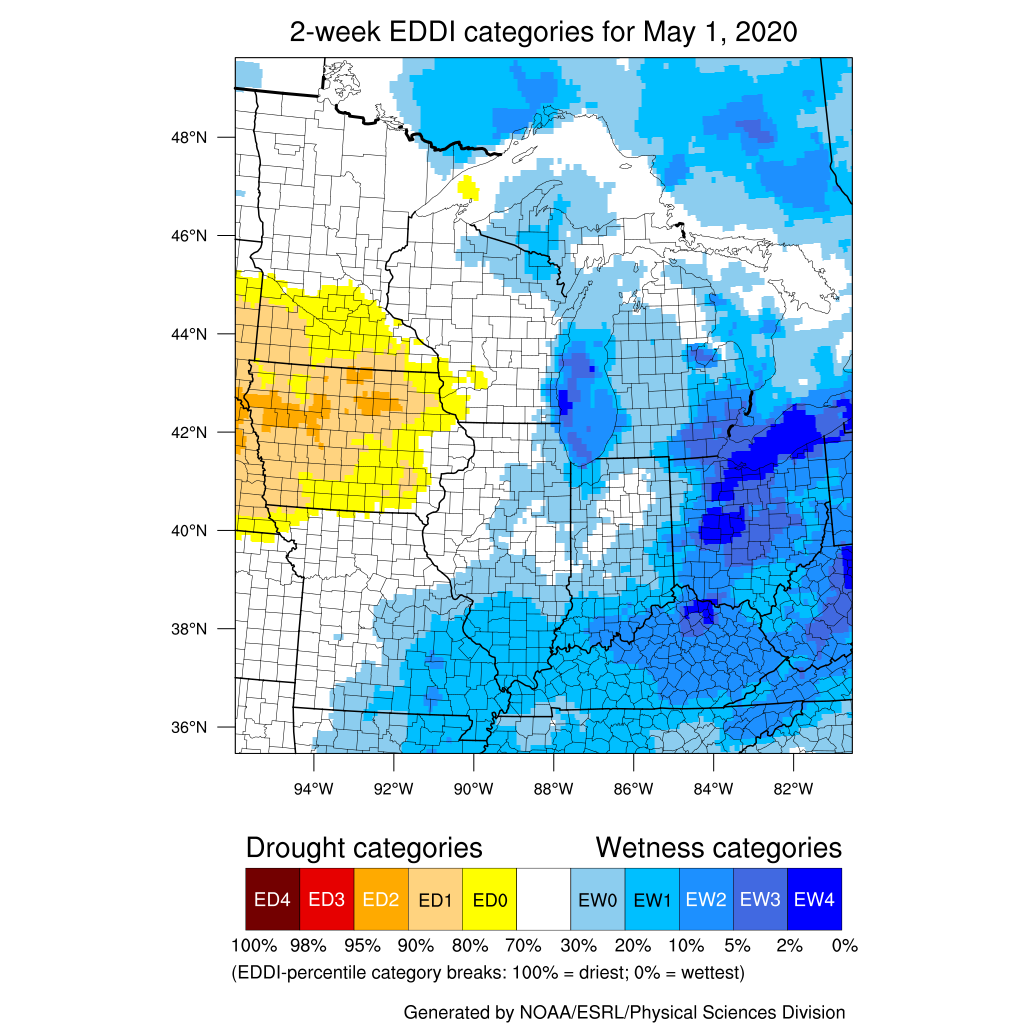 Figure 4. Two-week Evaporative Drought Demand Index (https://psl.noaa.gov/eddi/) representing April 18 - May 1, 2020.