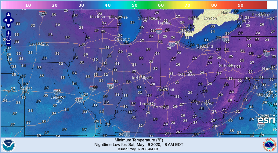 Figure 1. Forecasted minimum temperatures for early morning Saturday, May 9, 2020.