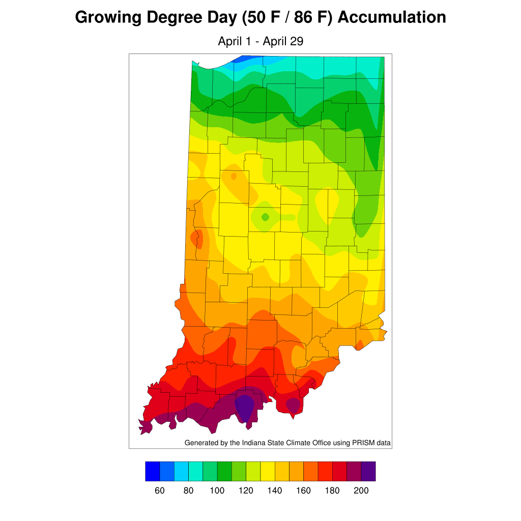 Figure 2. Modified growing degree day accumulations from April 1-29, 2020.