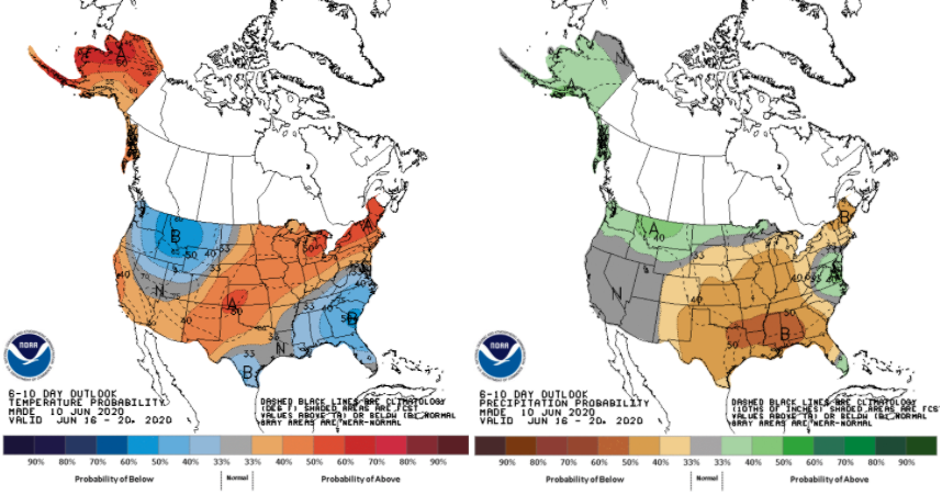 Figure 1. The 6-10-day climate outlook representing June 16-20 showing increased confidence of above-normal temperatures (left) and below-normal precipitation (right) over Indiana.
