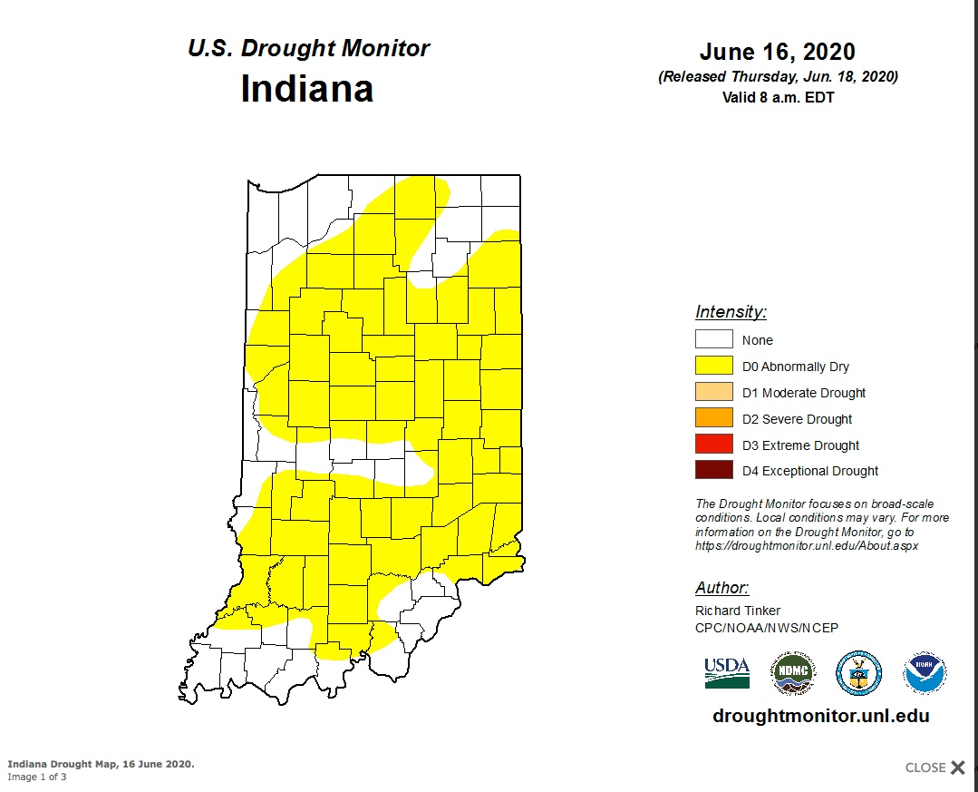Fig. 1. U.S. Drought Monitor - Indiana, as of June 16, 2020. Source: https://droughtmonitor.unl.edu/