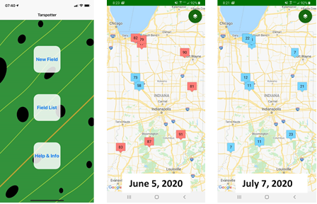 Figure 4. Tarspotter App forecast from June 5, 2020 and July 7, 2020. Red color indicates favorable environmental conditions for tar spot if corn at V5 or larger, blue color indicates unfavorable environmental conditions for tar spot. Source: Tarspotter App v. 0.47 Smith, D., et al. ©2020 Board of Regents of the University of Wisconsin System.