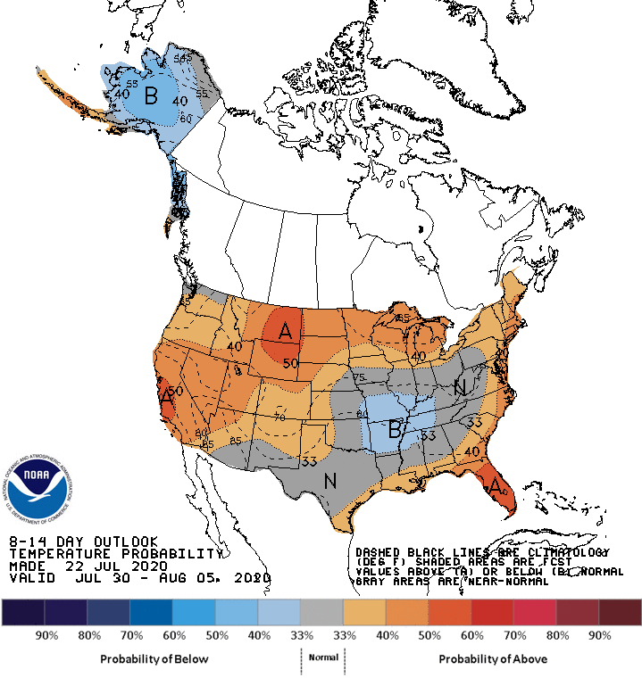 Figure 1. Temperature outlook for July 30 – August 4, 2020 where shading indicates the level of confidence for above- or below-normal temperatures.