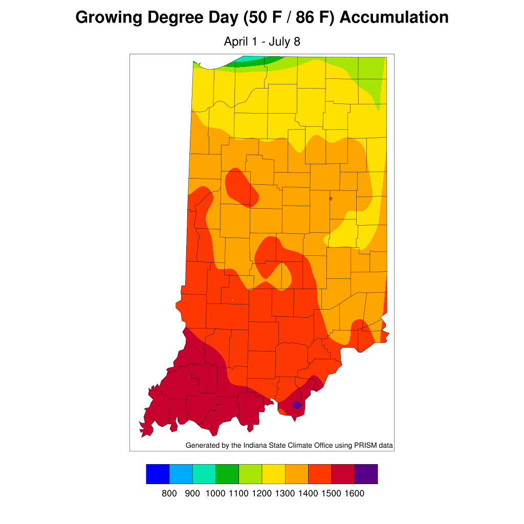 Figure 1. Accumulated modified growing degree days for April 1 through July 8, 2020.