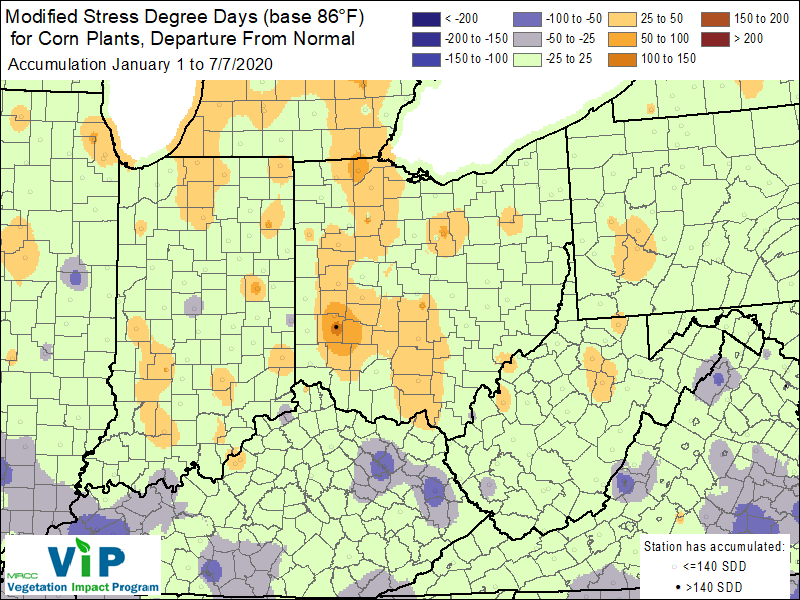 Figure 3. Modified corn stress degree days departure from normal for January 1 through July 7, 2020.
