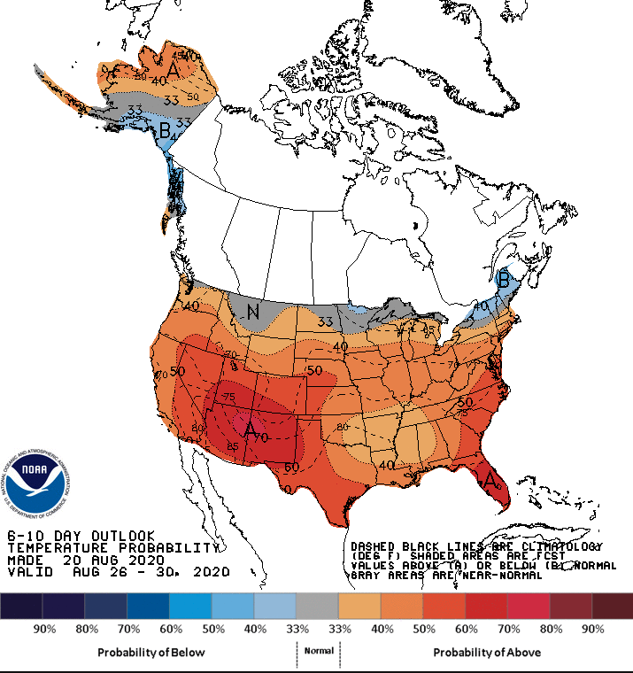 Figure 1. The national Climate Prediction Center’s climate outlook for August 26-30, 3030 indicating the probability of above-normal temperatures.