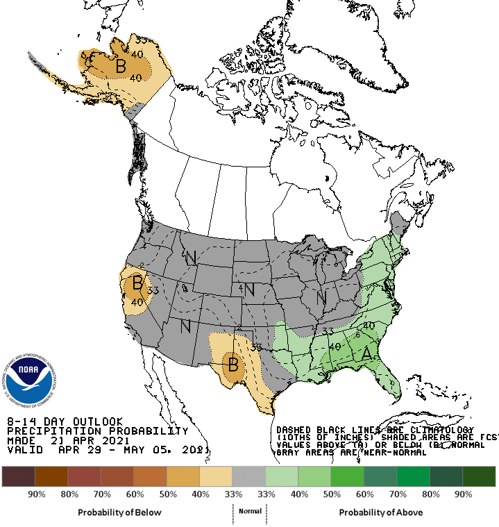Figure 2. The 8-14-day climate outlook showing probabilities favoring near-normal precipitation amounts for April 29 through May 5, 2021. Source: NOAA Climate Prediction Center.
