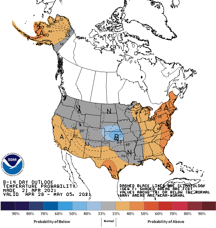 Figure 1. The 8-14-day climate outlook showing probabilities slightly favoring above-normal temperatures for April 29 through May 5, 2021. Source: NOAA Climate Prediction Center.