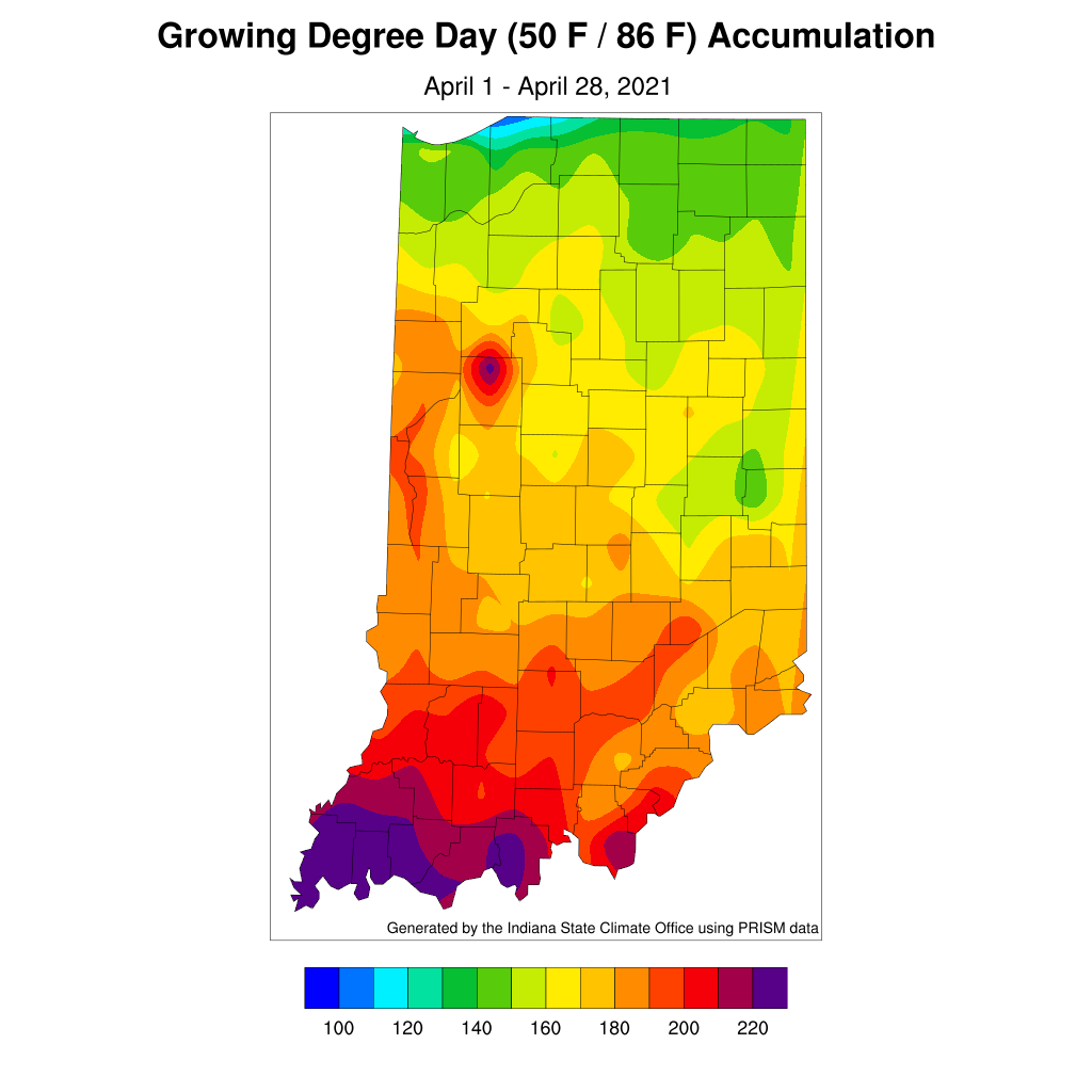 Figure 1. Modified growing degree day accumulation from April 1-28,2021.