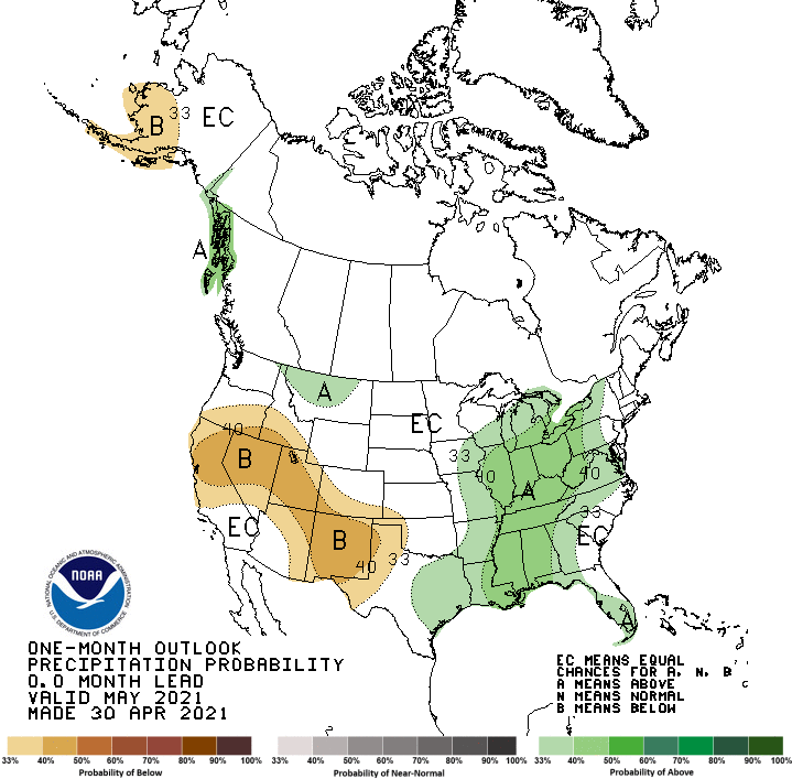 Figure 2. Probabilistic precipitation outlook for May 2021. Predictions are favoring above-normal precipitation for the Indiana region. Source: Climate Prediction Center.