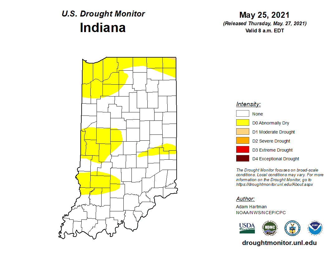 Figure 1. Drought intensity across Indiana from the US Drought Monitor as of May 25, 2021.