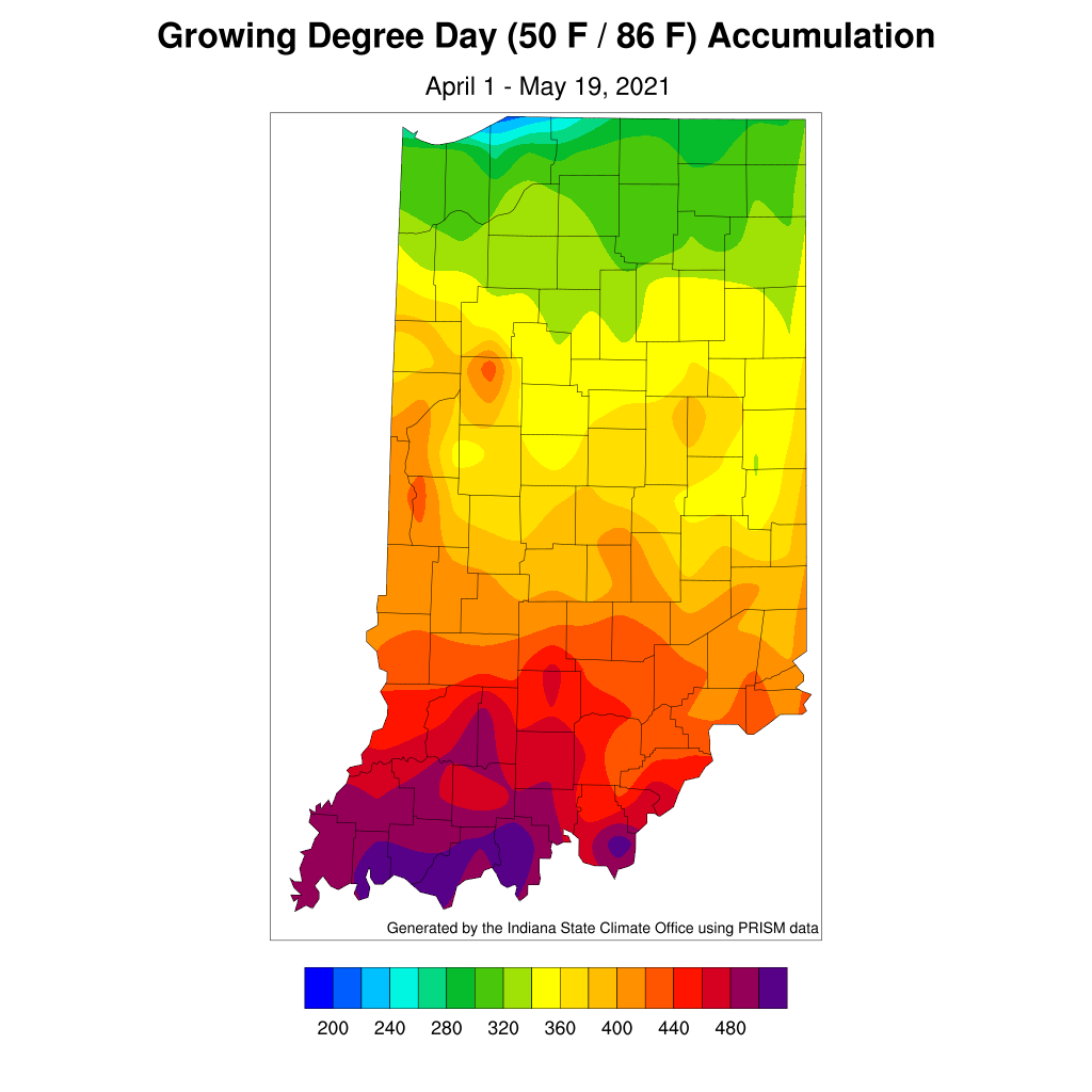 Figure 2. Modified growing degree day accumulation from April 1 to May 19, 2021.