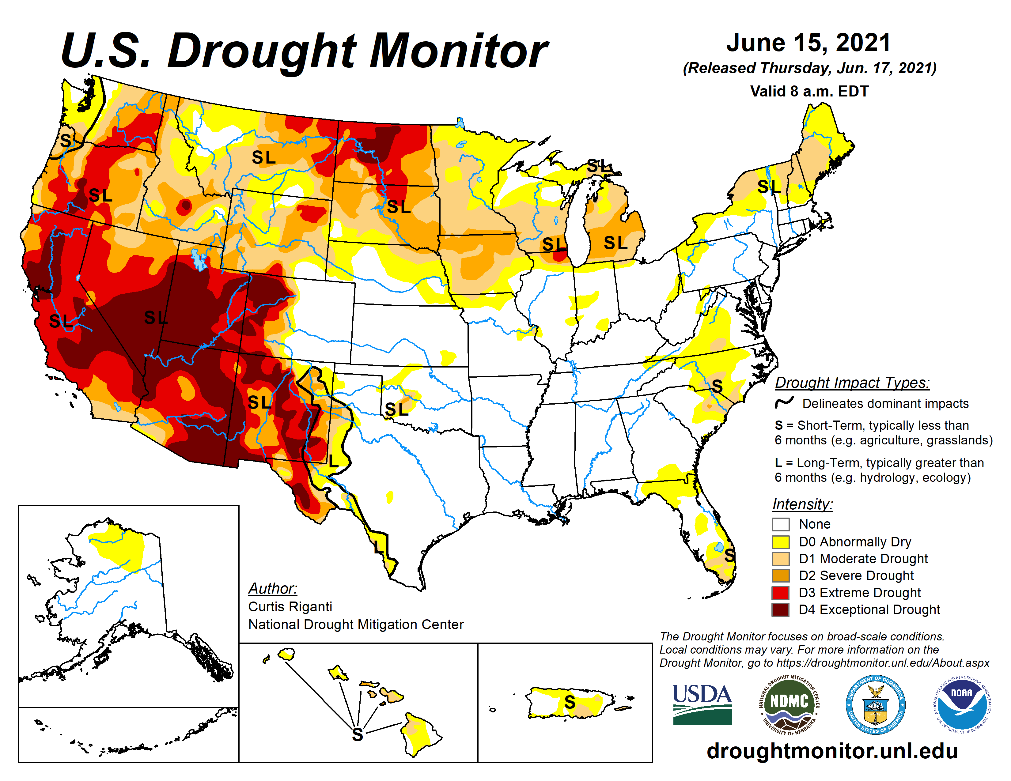 Figure 1. US Drought Monitor map released 17 June 2021 representing conditions as of 15 June 2021.