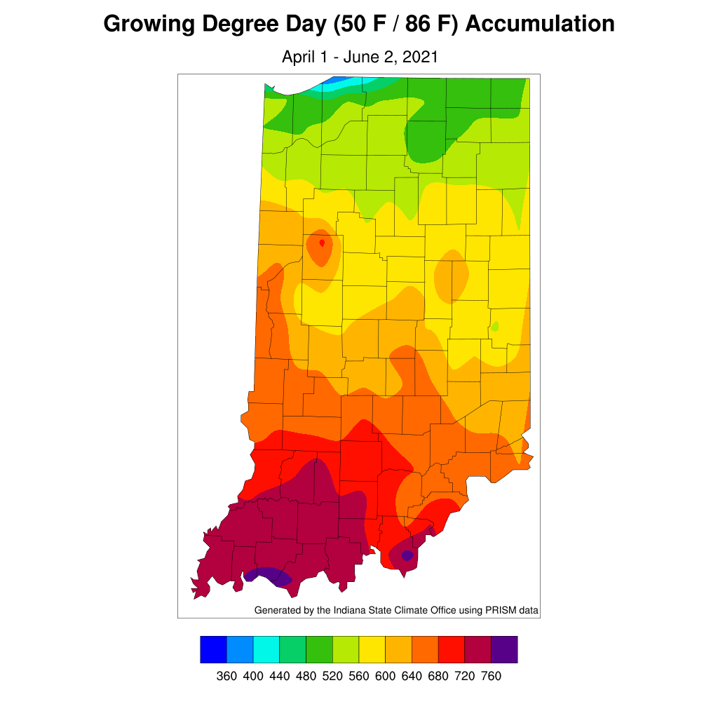Figure 3. Modified growing degree day accumulation from April 1 to June 2, 2021.