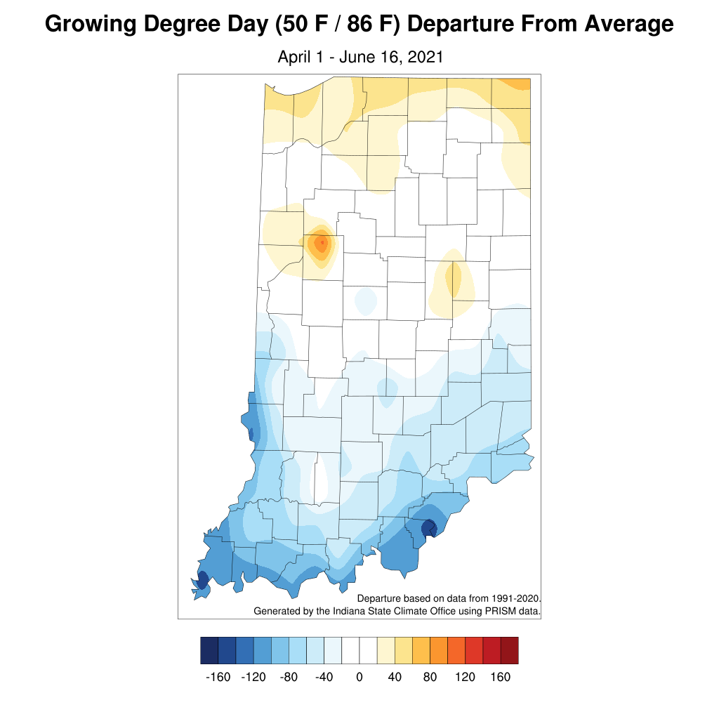 Figure 5. Modified growing degree-day departures as of 17 June 2021 compared to the 1991-2020 climatological average.