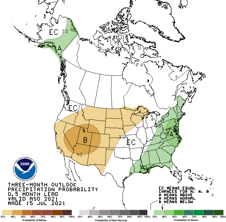 Figure 1. National three-month climate outlook of precipitation relative to normal for August through September (source: Climate Prediction Center).