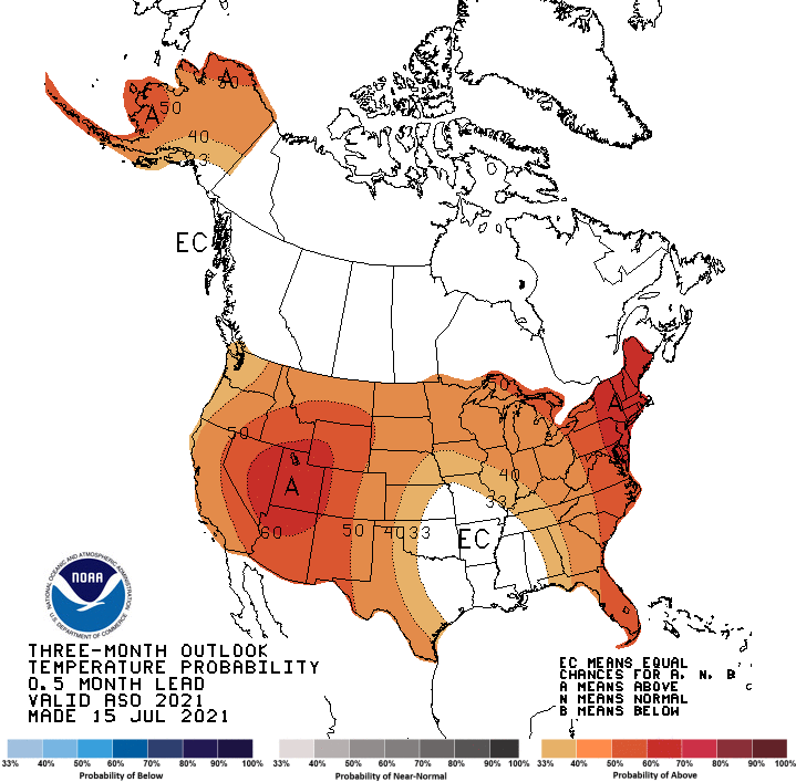 Figure 2. National three-month climate outlook of temperature relative to normal for August through September (source: Climate Prediction Center).