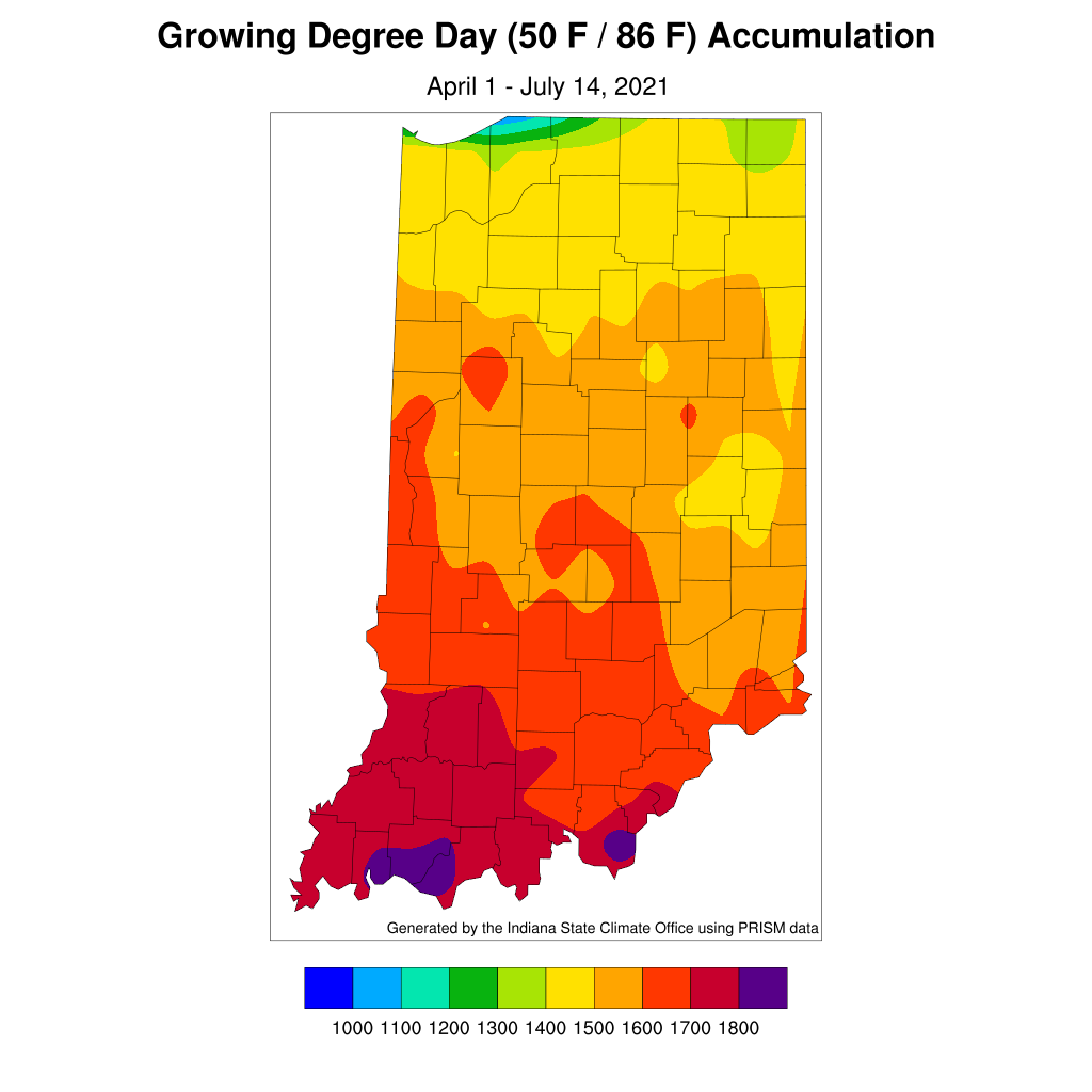 Figure 3. Modified growing degree day accumulations from April 1 to July 14, 2021.