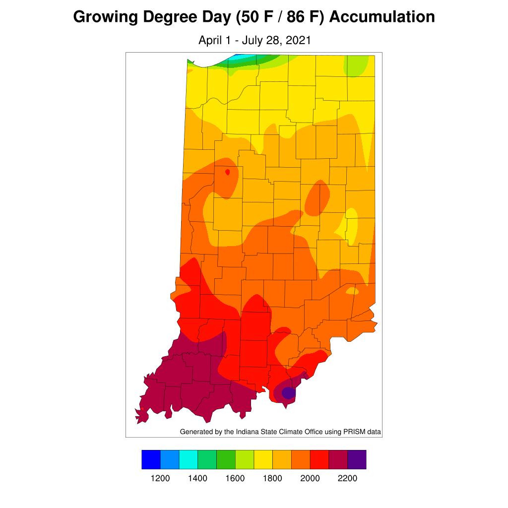 Figure 1. Modified growing degree day accumulations from April 1 to July 28, 2021.
