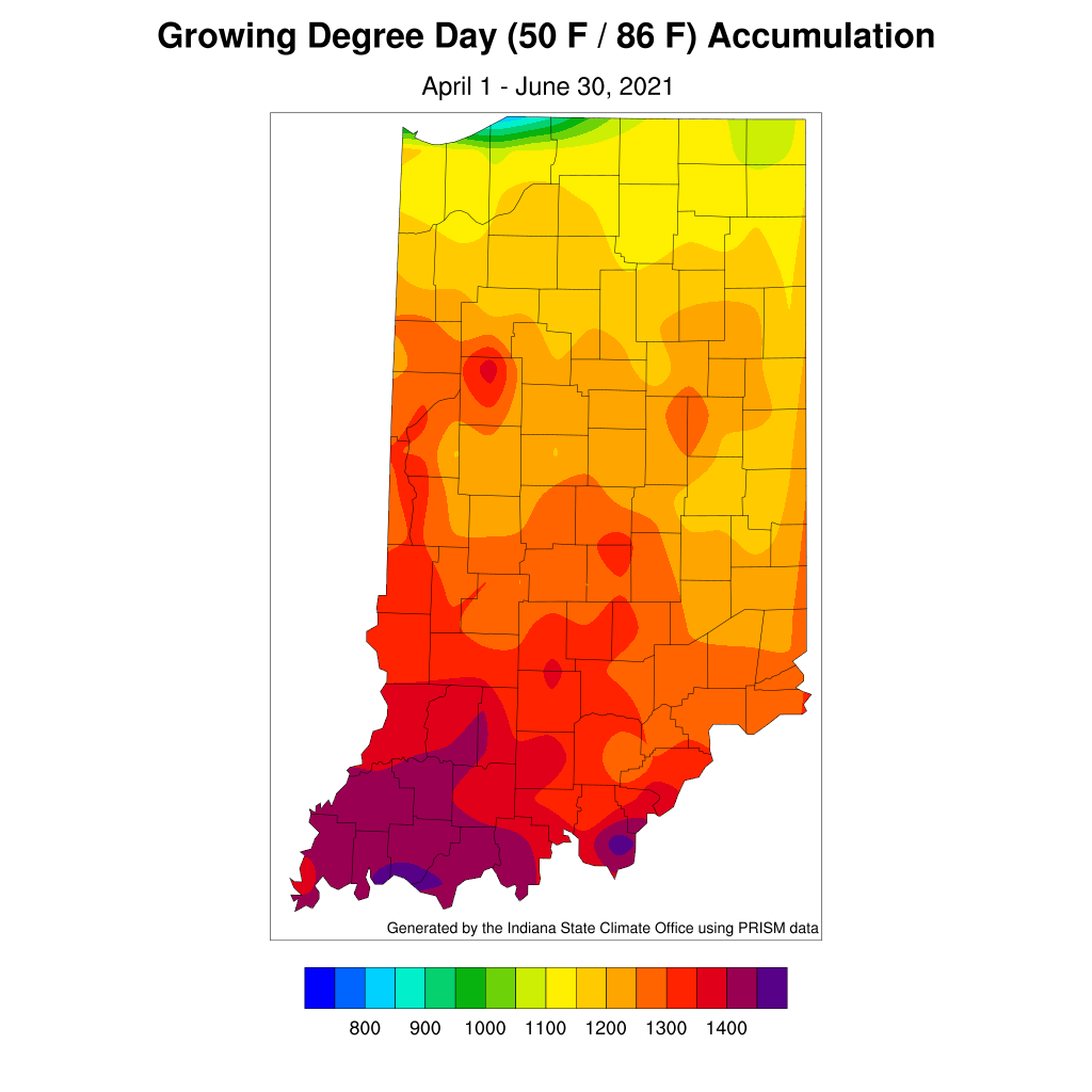 Figure 3. Modified growing degree day accumulations from April 1 to June 30, 2021.