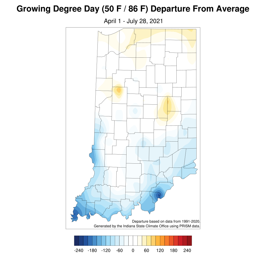 Figure 2. Modified growing degree day accumulation departures from the 1991-2020 climatology from April 1 to July 21, 2021.