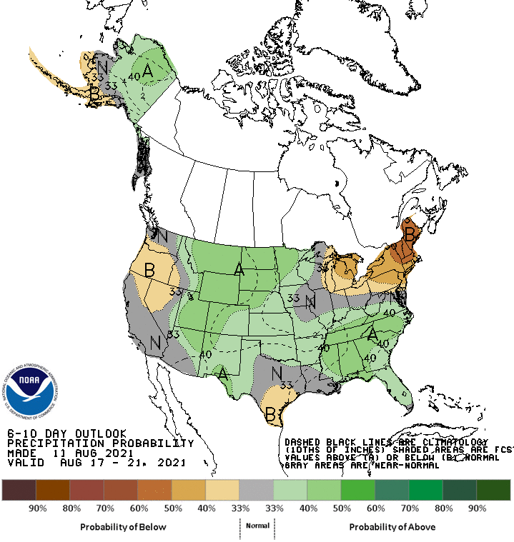 Figure 2. Precipitation outlook for August 17-21 indicating normal conditions likely throughout central Indiana with slight probabilities of above-normal precipitation in southern Indiana and below-normal precipitation in northeastern Indiana.