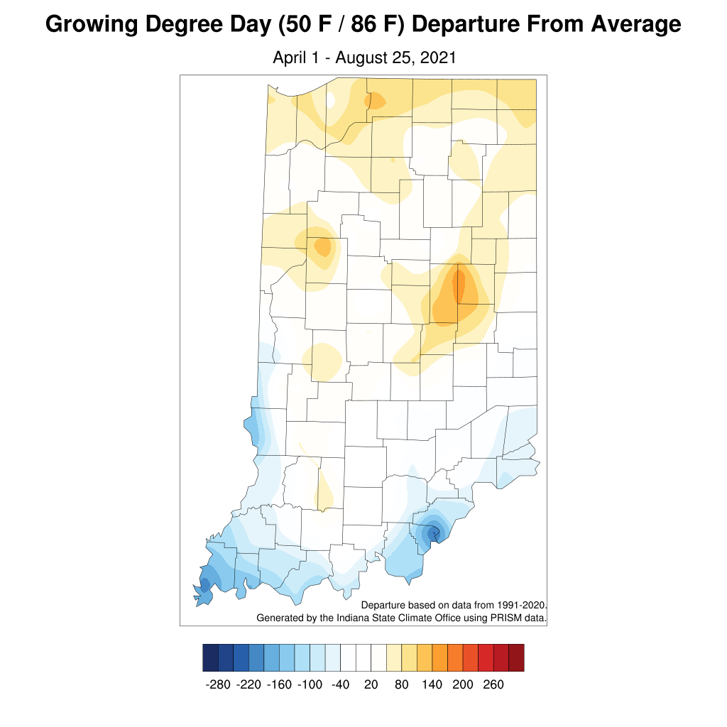 Figure 5. Accumulated modified growing degree day departure from the 1991-2020 climatological average for April 1 through August 25, 2021.