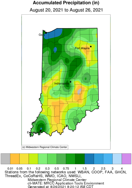 Figure 2. Accumulated precipitation amounts (inches) from reported from August 20-26, 2021.