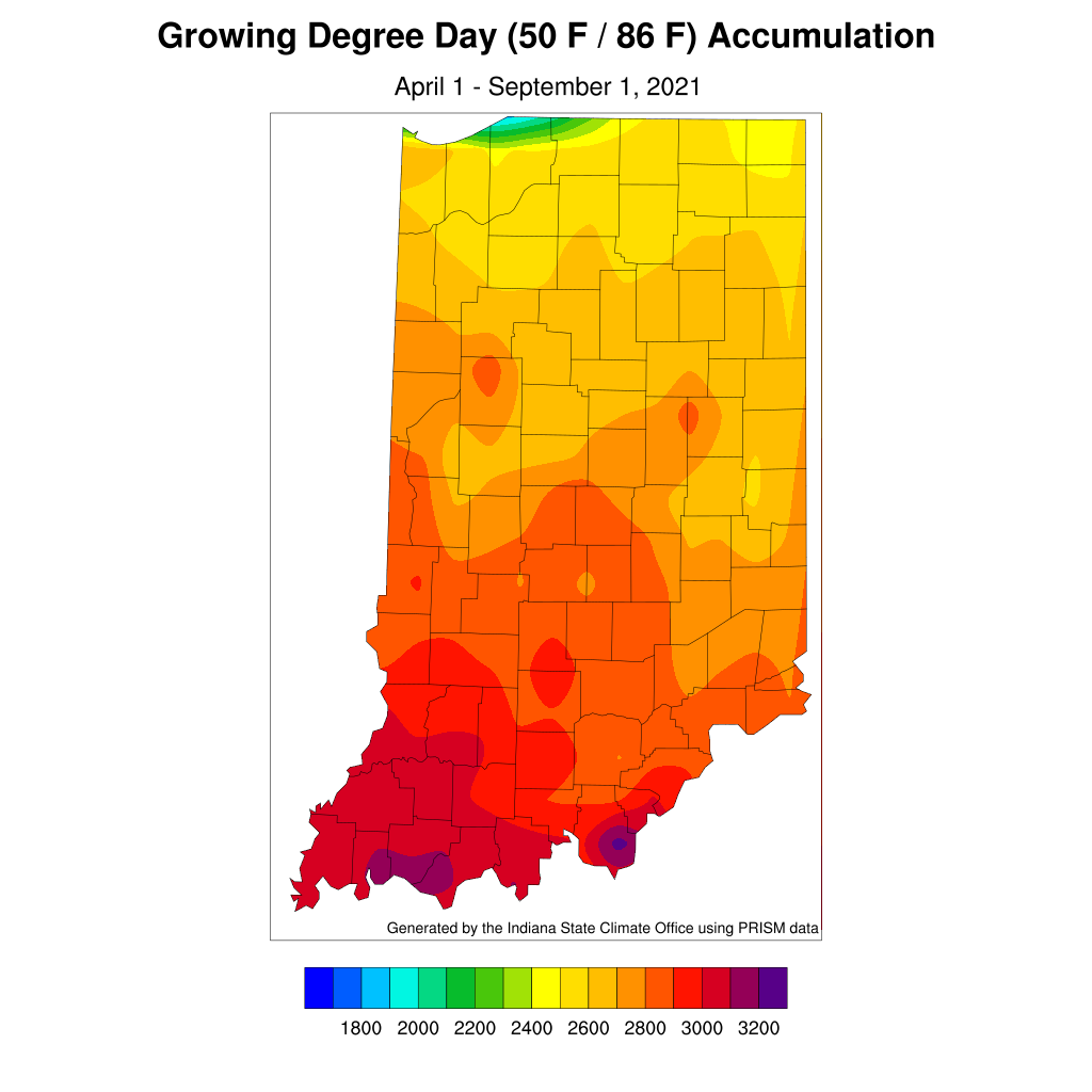 Figure 3. Accumulated modified growing degree days from April 1 through September 1, 2021.
