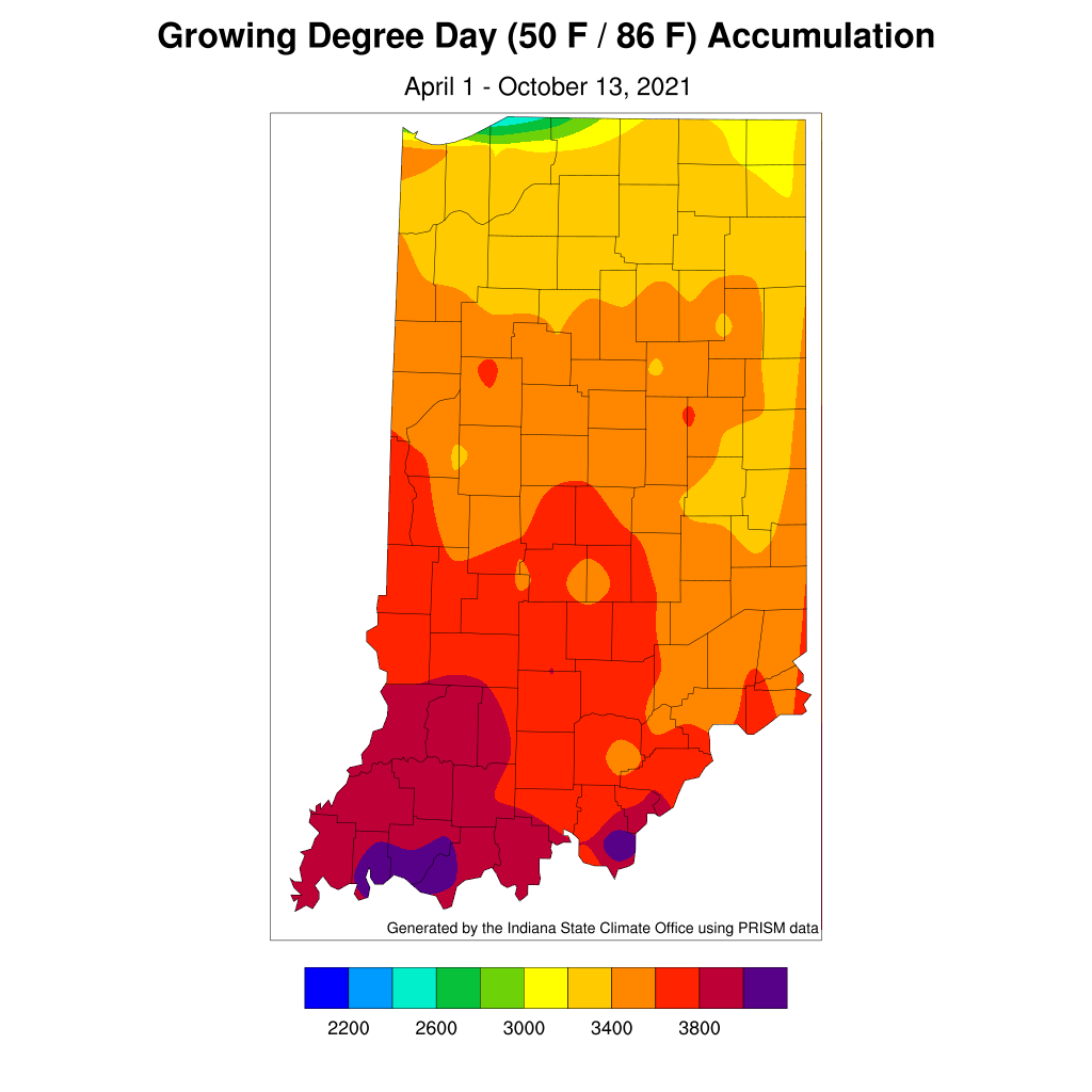 Figure 4. Modified growing degree day accumulations from April 1 to October 13, 2021.