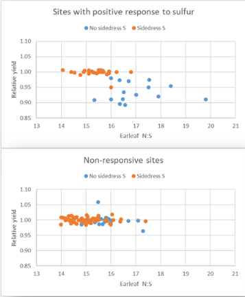Figure 4. Earleaf tissue concentration N:S ratios at sites with positive responses (top) and non-responsive to S fertilization (bottom). Blue symbols indicate treatments not receiving S fertilizer. Relative yield is yield of the no S treatment divided by yield obtained with S. Data are from 13 responsive and 21 non-responsive sites.